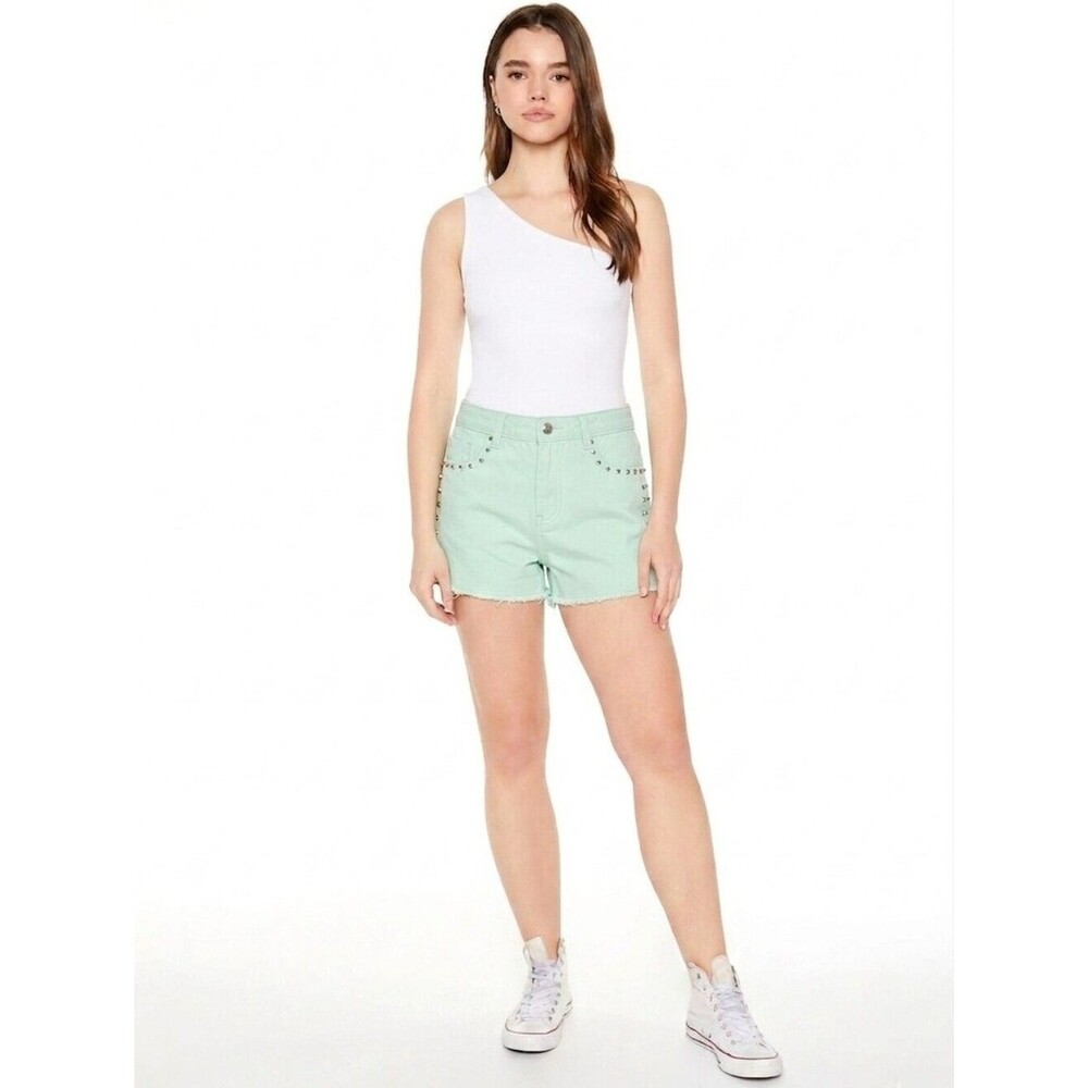Forever 21 Mint Green Studded High-Rise Jean Shorts